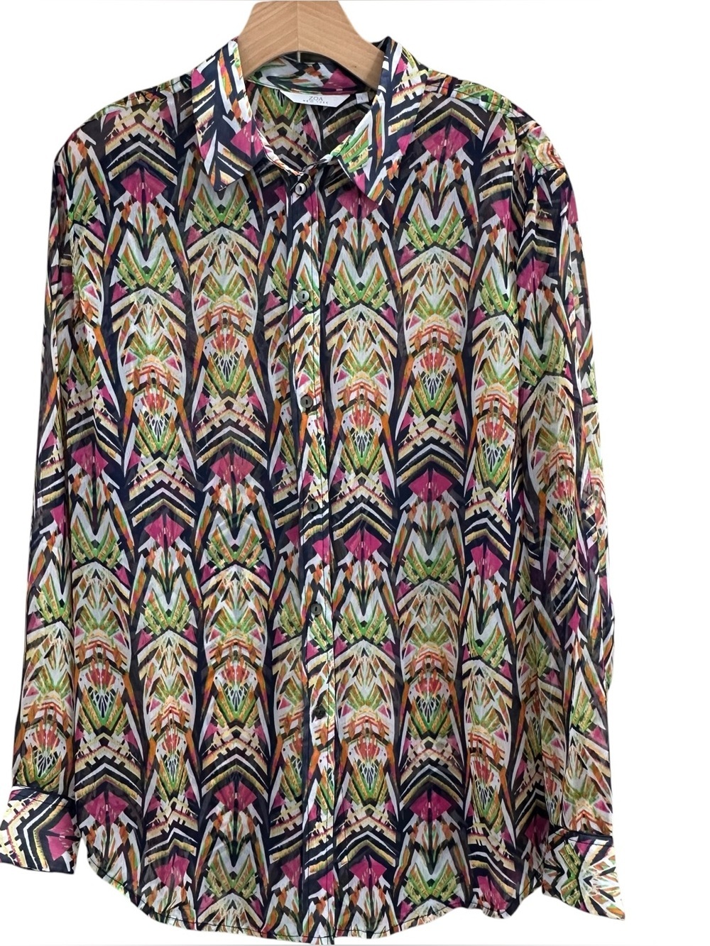 Zoa New York Semi-Sheer Button-up Blouse Vibrant Geometric Large